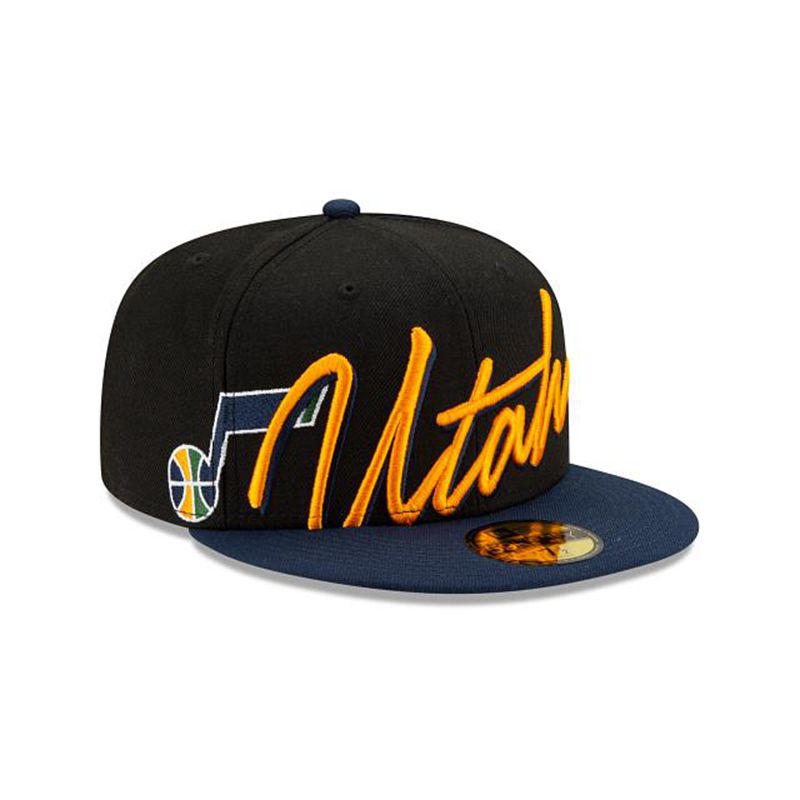 NBA Utah Jazz Cursive 59Fifty Fitted (SQV1578) - Black New Era Caps